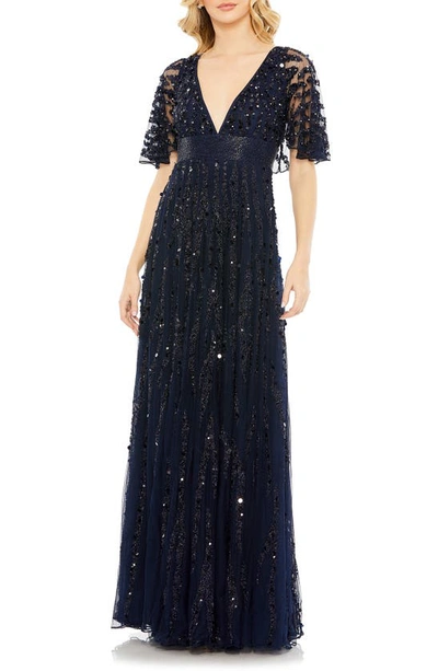 Shop Mac Duggal Embellished Plunge Neck Tulle Column Gown In Midnight