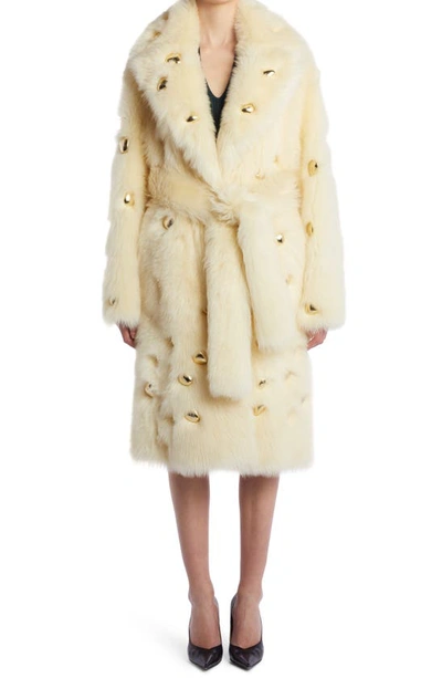Shop Bottega Veneta Studded Genuine Shearling Wrap Coat In Camomile