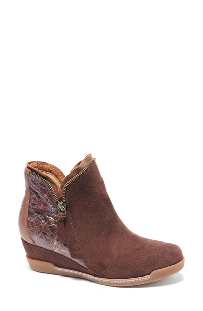 Shop Halsa Footwear Dana Wedge Bootie In Dark Brown Suede With Foliage