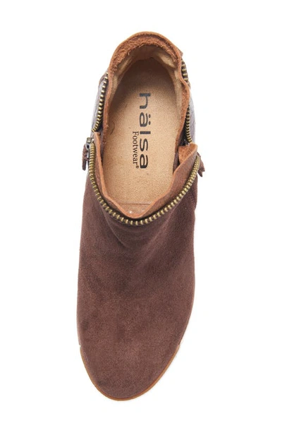 Halsa Footwear Dana Wedge Bootie In Dark Brown Suede With Foliage