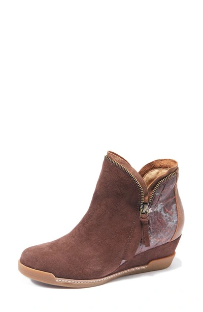 Halsa Footwear Dana Wedge Bootie In Dark Brown Suede With Foliage
