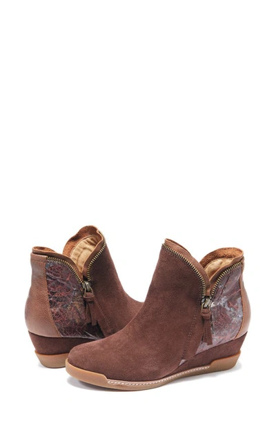 Halsa Footwear Dana Wedge Bootie In Dark Brown Suede With Foliage