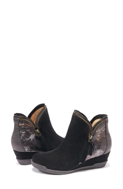Halsa Footwear Dana Wedge Bootie In Black Suede With Foliage