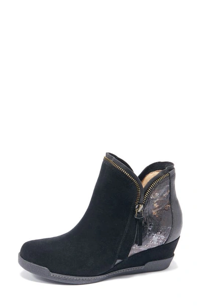 Halsa Footwear Dana Wedge Bootie In Black Suede With Foliage