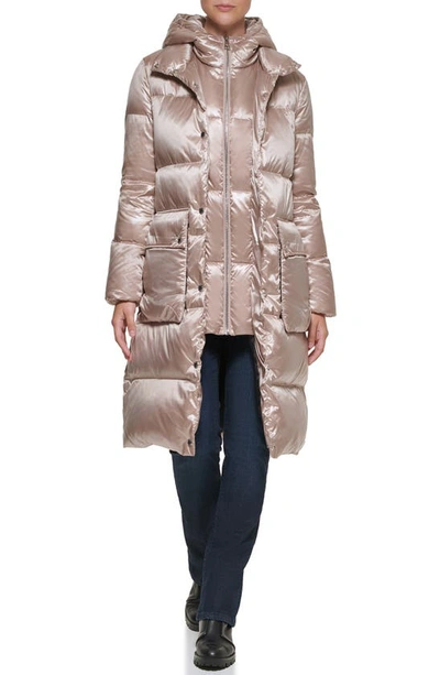 Shop Karl Lagerfeld Water Resistant Down & Feather Fill Coat With Attached Bib Insert In Sand