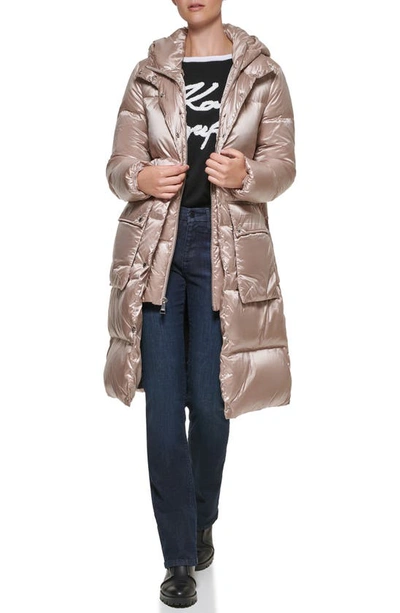 Shop Karl Lagerfeld Water Resistant Down & Feather Fill Coat With Attached Bib Insert In Sand