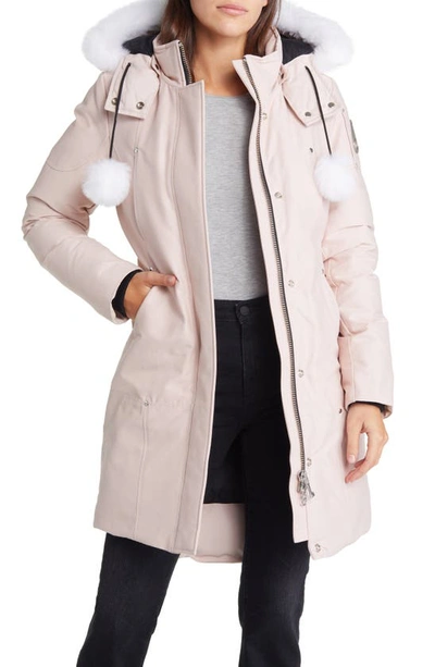 Shop Moose Knuckles Stirling Down Parka With Genuine Shearling Trim In Rose Smoke/ Natural