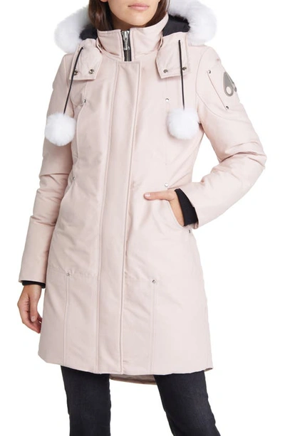 Shop Moose Knuckles Stirling Down Parka With Genuine Shearling Trim In Rose Smoke/ Natural
