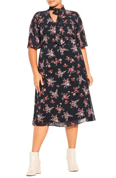 Shop City Chic Alexandra Floral Tie Neck Midi Dress In Black Ditsy Bloom