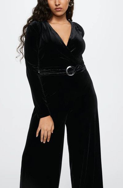 Mango Long Sleeve Belted Velvet Jumpsuit In Black | ModeSens