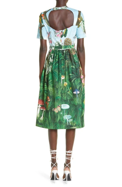 Shop Oscar De La Renta Botanical Forest Print Stretch Poplin Midi Dress In Green Multi