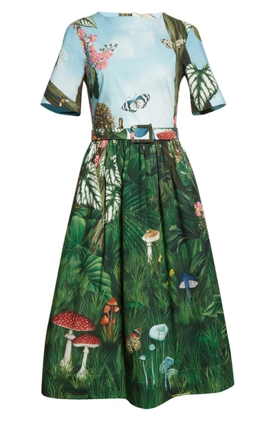 Shop Oscar De La Renta Botanical Forest Print Stretch Poplin Midi Dress In Green Multi