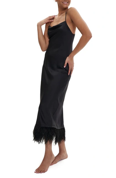 Shop Rya Collection Swan Ostrich Feather Trim Charmeuse Nightgown In Black