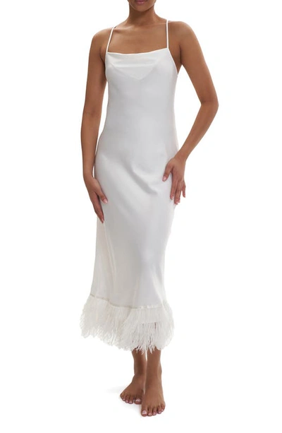 Shop Rya Collection Swan Ostrich Feather Trim Charmeuse Nightgown In Ivory