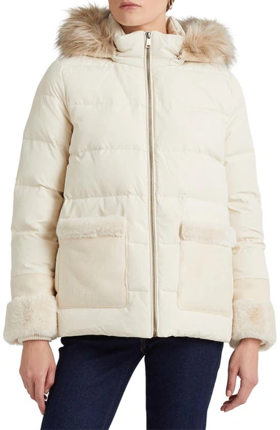 Shop Lauren Ralph Lauren Down & Feather Puffer Jacket With Faux Fur Trim In Moda Cream