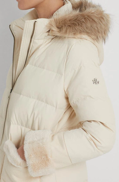 Shop Lauren Ralph Lauren Down & Feather Puffer Jacket With Faux Fur Trim In Moda Cream