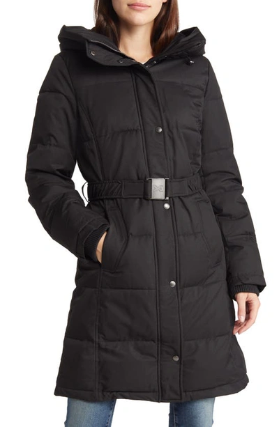 Shop Sam Edelman Belted Longline Puffer Jacket In Black