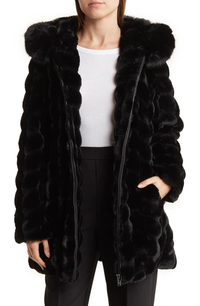 Shop Via Spiga Grooved Faux Fur Hooded Coat In Black