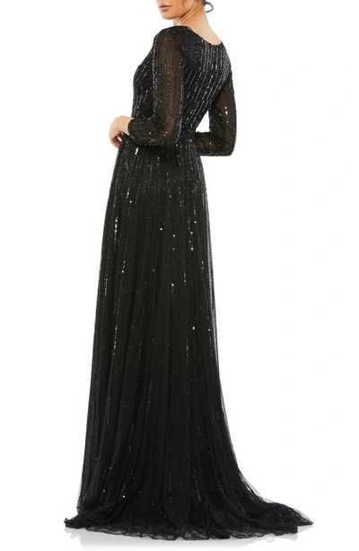 Shop Mac Duggal Sequin & Bead Stripe Long Sleeve Mesh Gown In Black