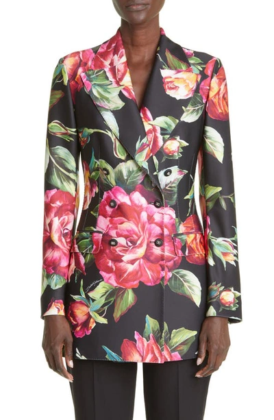 Shop Dolce & Gabbana Floral Print Double Breasted Blazer In Hne10 Rose Rosa Fdo.nero