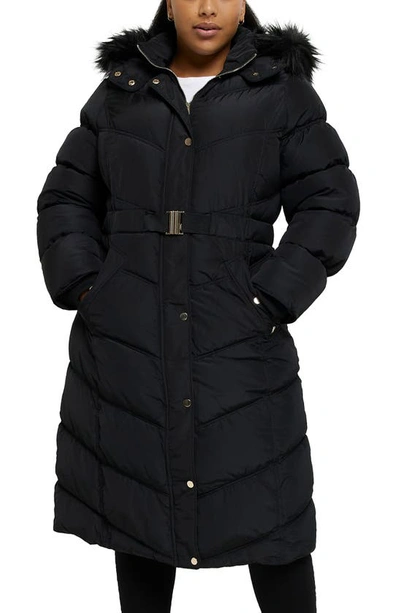River Island Belted Longline Puffer Coat With Detachable Faux Fur Trim In  Black | ModeSens