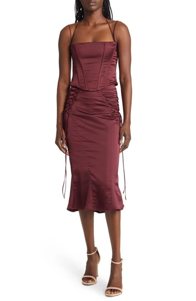 Shop House Of Cb Sidonie Lace-up Satin Trumpet Midi Skirt In Wine