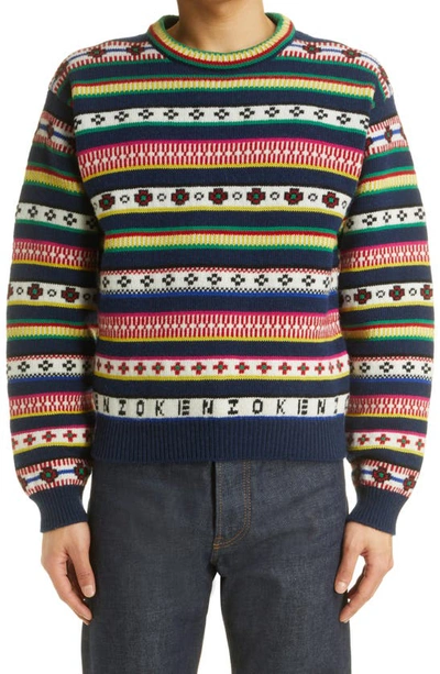 Shop Kenzo Jacquard Wool Sweater In Midnight Blue