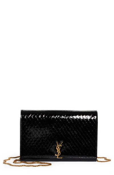 Shop Saint Laurent Croc Embossed Leather Wallet On A Chain In Nero/ Nero