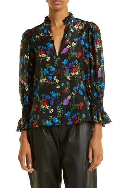 Shop Alice And Olivia Ilan Floral Cotton & Silk Blouse In Beautiful Blooms Small Black