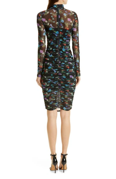 Shop Alice And Olivia Delora Floral Long Sleeve Ruched Turtleneck Dress In Beautiful Blooms Sm Black