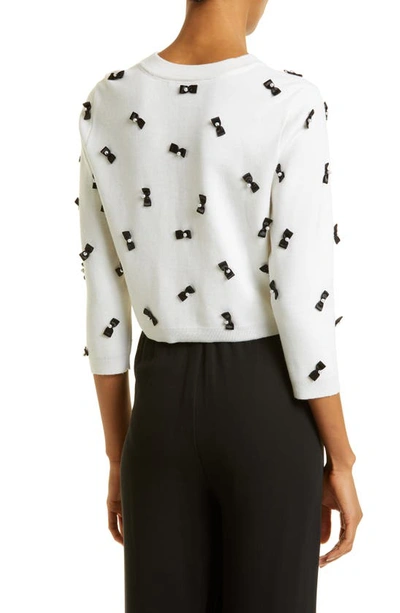 Shop Alice And Olivia Daroda Bow Appliqué Stretch Wool Crop Cardigan In Soft White/black