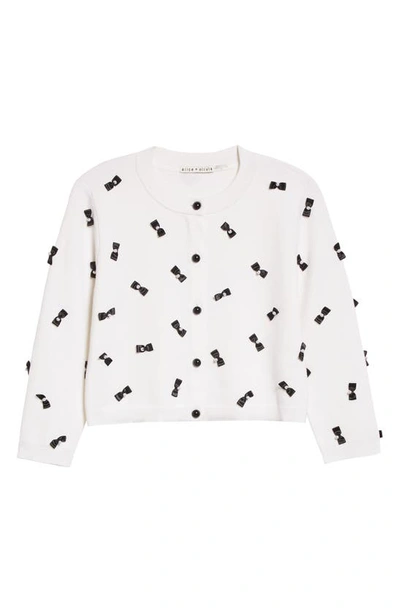 Shop Alice And Olivia Daroda Bow Appliqué Stretch Wool Crop Cardigan In Soft White/black