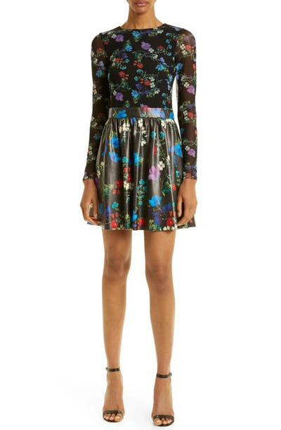 Shop Alice And Olivia Chara Floral Mixed Media Long Sleeve Dress In Beautiful Blooms Md Black