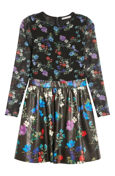 Shop Alice And Olivia Chara Floral Mixed Media Long Sleeve Dress In Beautiful Blooms Md Black