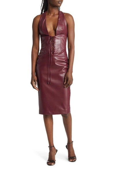 Shop House Of Cb Jaquetta Lace-up Faux Leather Halter Dress In Wine