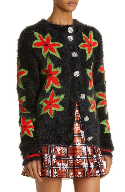 Chopova Lowena Fuzzy Floral Button-down Cardigan In Black | ModeSens