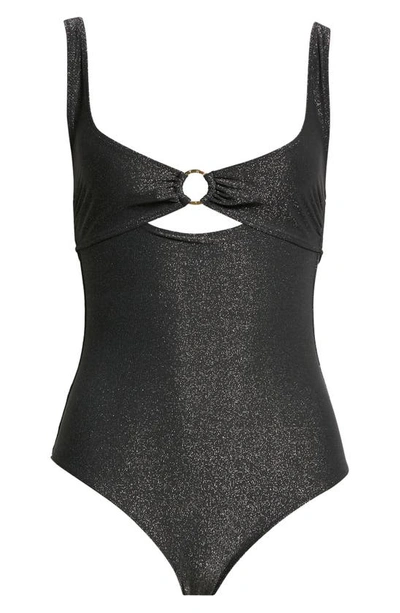 Shop Stella Mccartney Cutout Ring Detail Glitter One-piece Swimsuit In Black