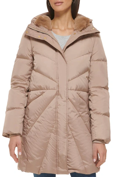 Shop Cole Haan Signature Cocoon Hooded Down & Feather Fill Puffer Jacket With Faux Fur Trim In Sand