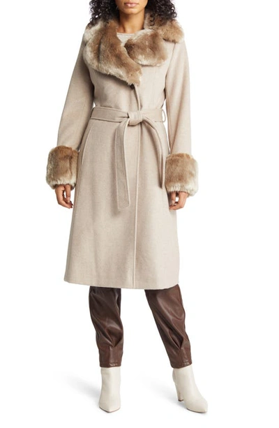Shop Via Spiga Longline Coat With Faux Fur Trim In Bone Beige