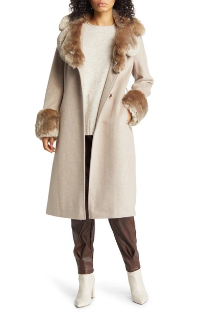 Shop Via Spiga Longline Coat With Faux Fur Trim In Bone Beige