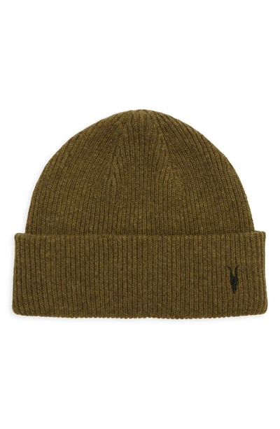 Shop Allsaints Ramskull Embroidered Beanie In Olive Branch Green