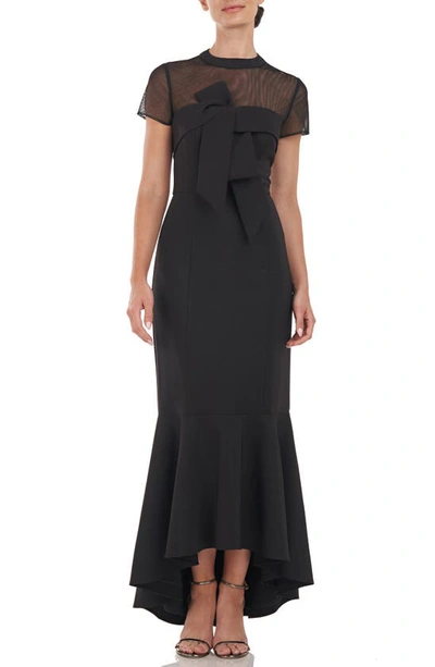 Shop Js Collections Kylie Illusion Yoke Bow High-low Gown In Black