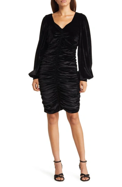 Shop Rachel Parcell Ruched Long Sleeve Velvet Dress In Black