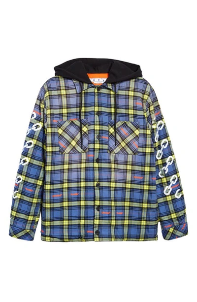 Shop Off-white Chain Arrows Plaid Hooded Cotton Flannel Overshirt In Dusty Blue