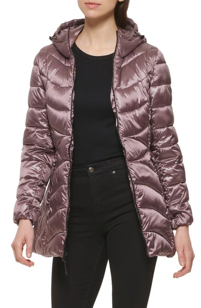 Shop Cole Haan Signature Faux Down A-line Hooded Jacket In Mauve