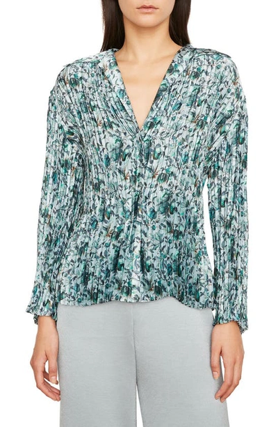 Shop Vince Berry Blooms Pleated Blouse In Ocean