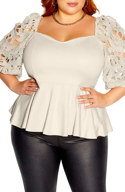 City Chic Noelle Lace Sleeve Peplum Blouse In Buff | ModeSens