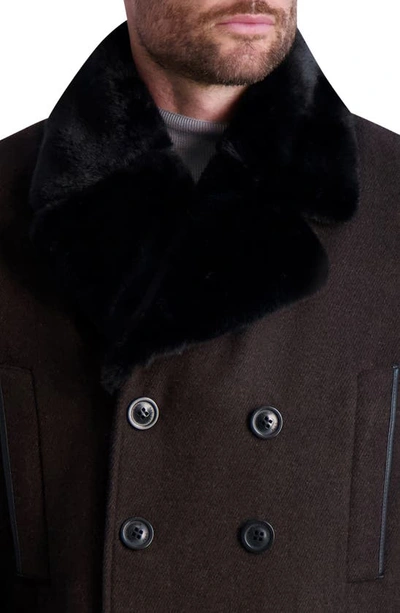 Shop Karl Lagerfeld Wool Blend Peacoat With Faux Fur Collar In Brown/ Black