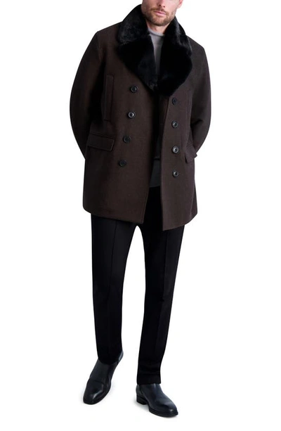 Shop Karl Lagerfeld Wool Blend Peacoat With Faux Fur Collar In Brown/ Black