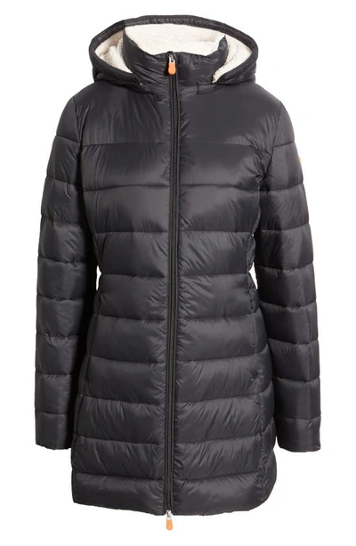 Shop Save The Duck Cleo Faux Shearling Lined Long Quilted Coat In Black